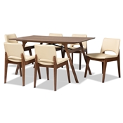 Baxton Studio Afton Mid-Century Modern Beige Faux Leather Upholstered and Walnut Brown Finished Wood 7-Piece Dining Set